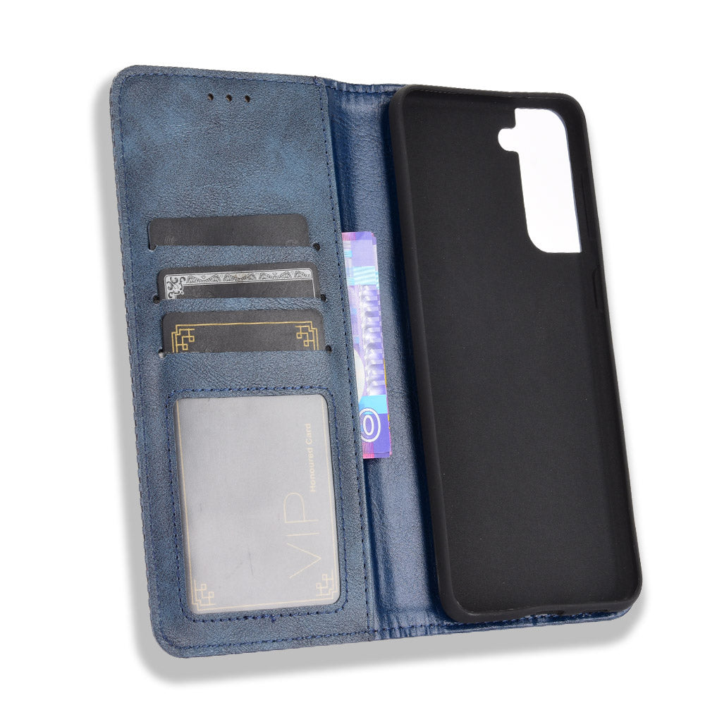 Retro Style Auto-absorbed Wallet Stand TPU + PU Leather Phone Case for Samsung Galaxy S21 4G/5G
