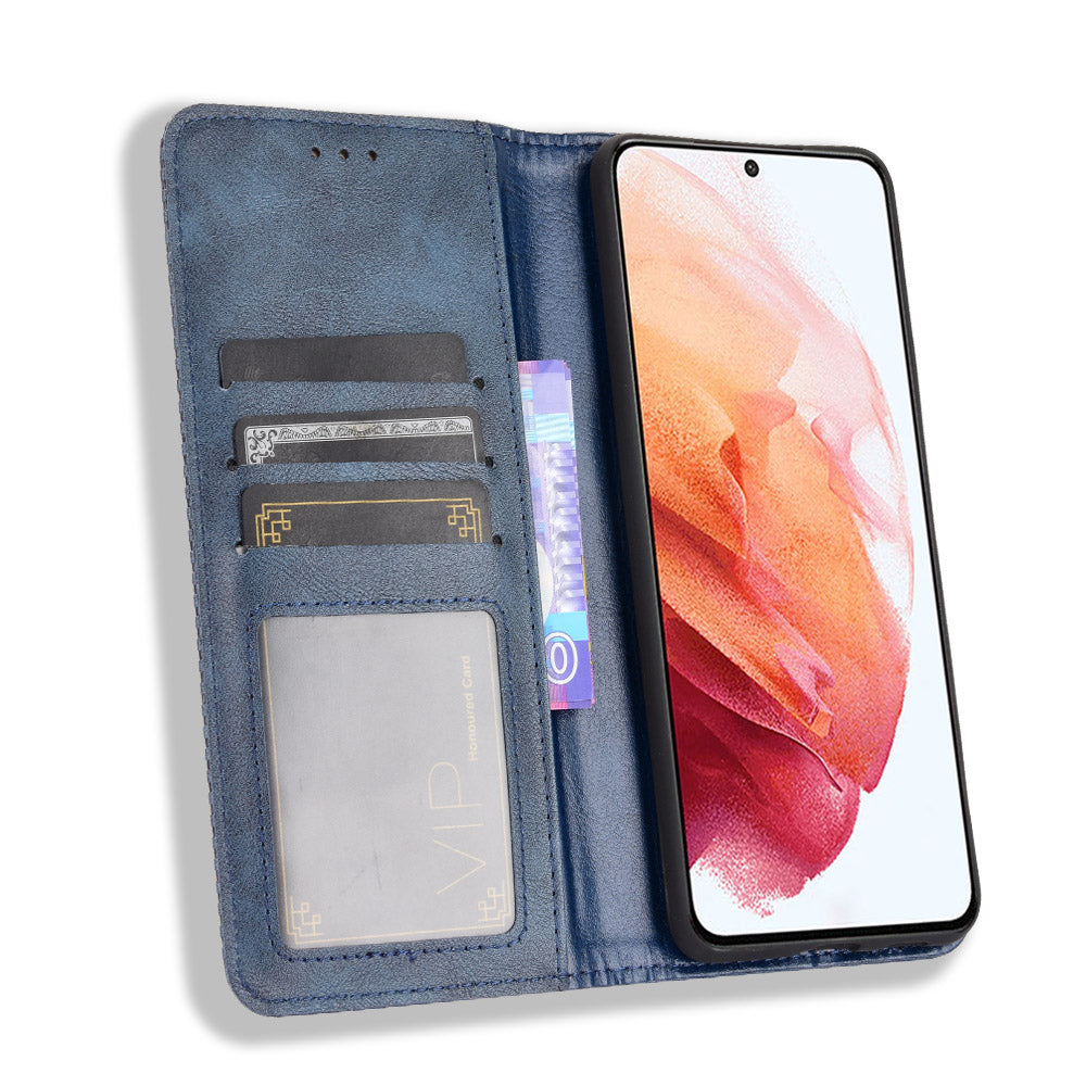 Retro Style Auto-absorbed Wallet Stand TPU + PU Leather Phone Case for Samsung Galaxy S21 4G/5G