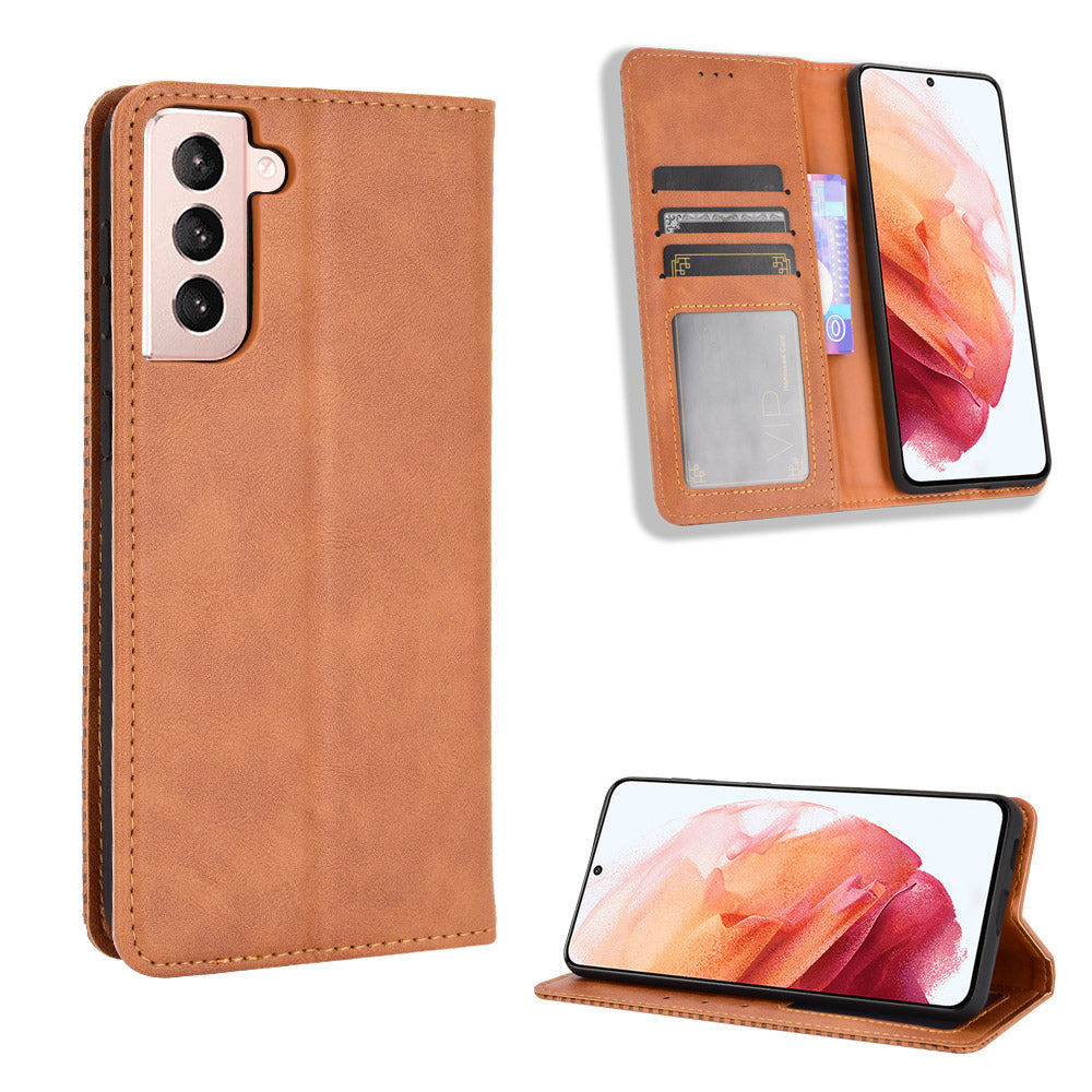 Retro Style Auto-absorbed Wallet Stand TPU + PU Leather Phone Case for Samsung Galaxy S21 4G/5G