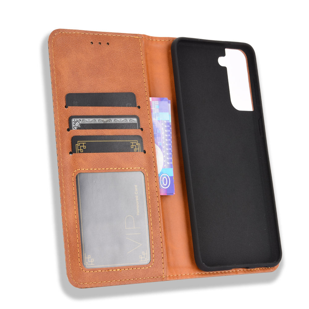 Retro Style Auto-absorbed Wallet Stand TPU + PU Leather Phone Case for Samsung Galaxy S21 4G/5G