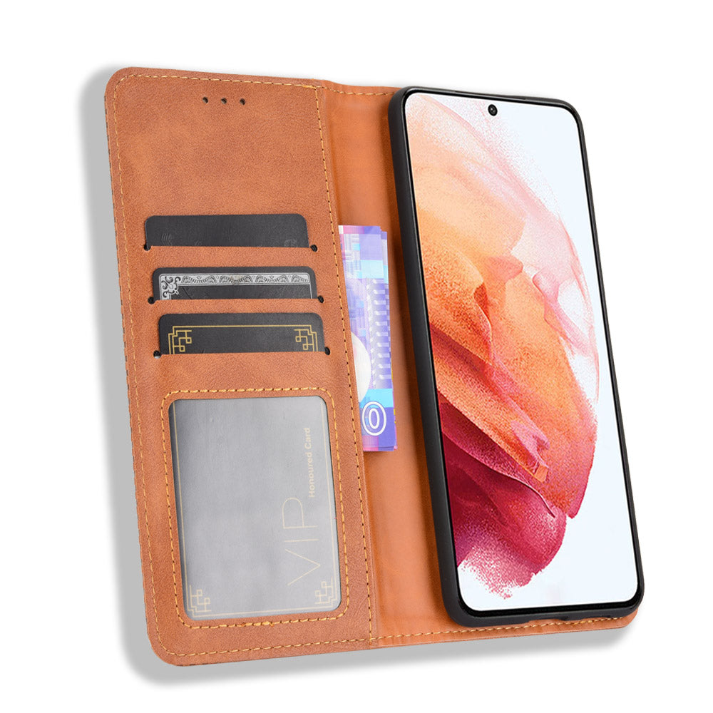 Retro Style Auto-absorbed Wallet Stand TPU + PU Leather Phone Case for Samsung Galaxy S21 4G/5G
