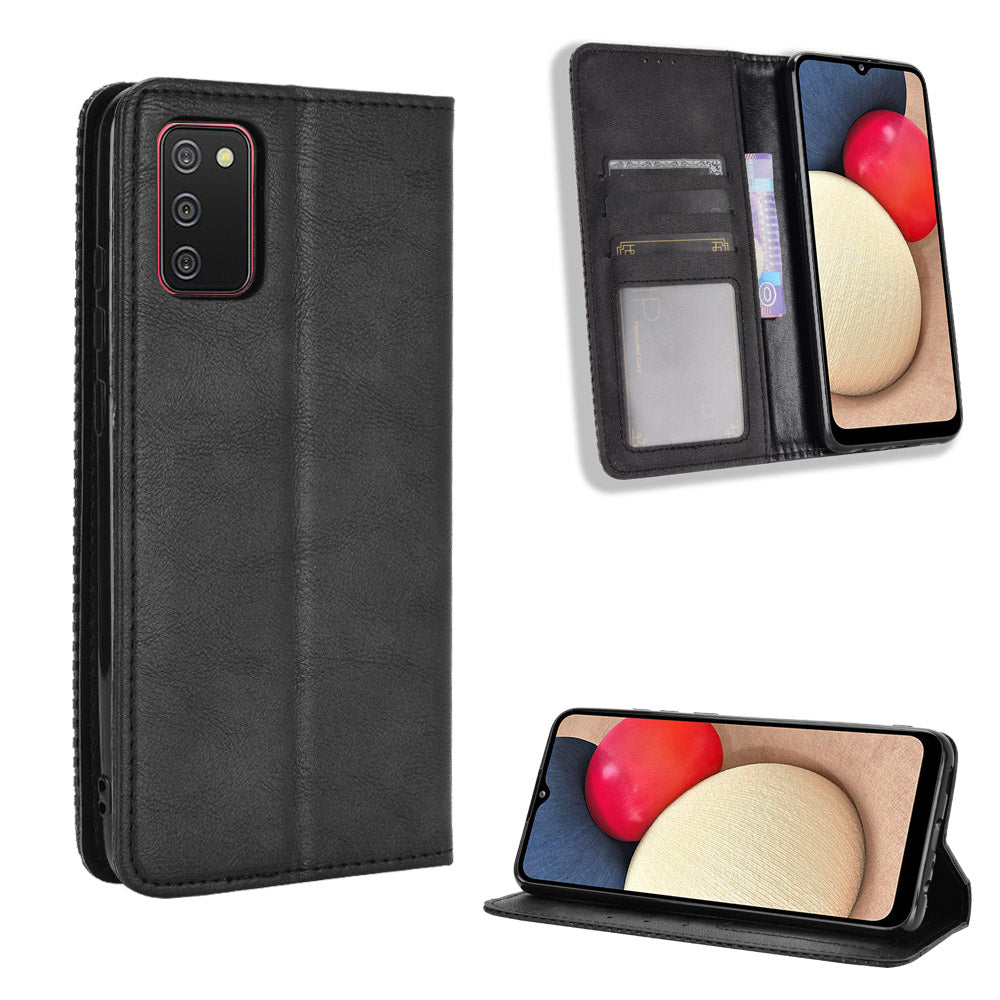 Retro Style Auto-absorbed Phone Shell for Samsung Galaxy A02s (164.2x75.9x9.1mm) Leather Wallet Stand Case