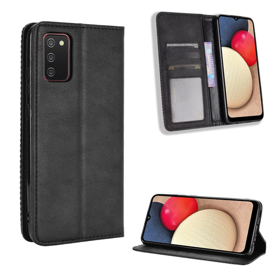 Retro Style Auto-absorbed Phone Shell for Samsung Galaxy A02s (164.2x75.9x9.1mm) Leather Wallet Stand Case