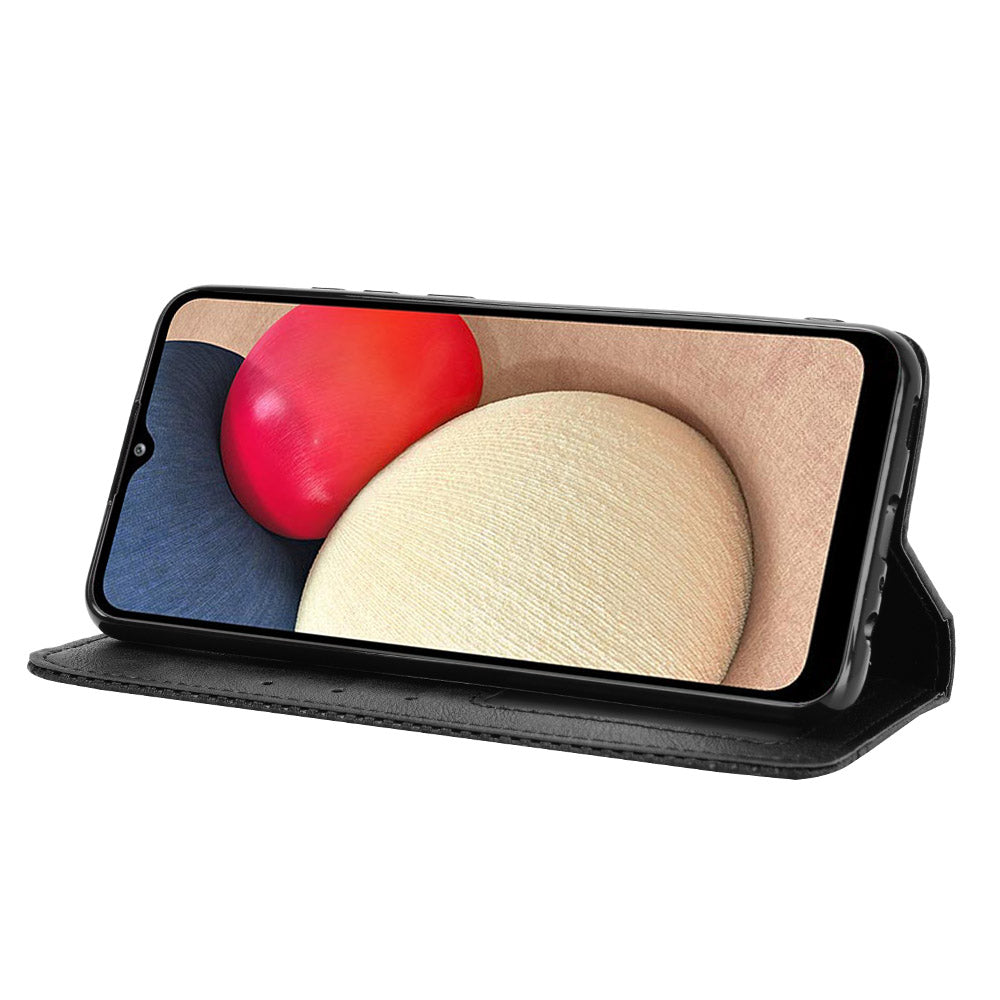 Retro Style Auto-absorbed Phone Shell for Samsung Galaxy A02s (164.2x75.9x9.1mm) Leather Wallet Stand Case