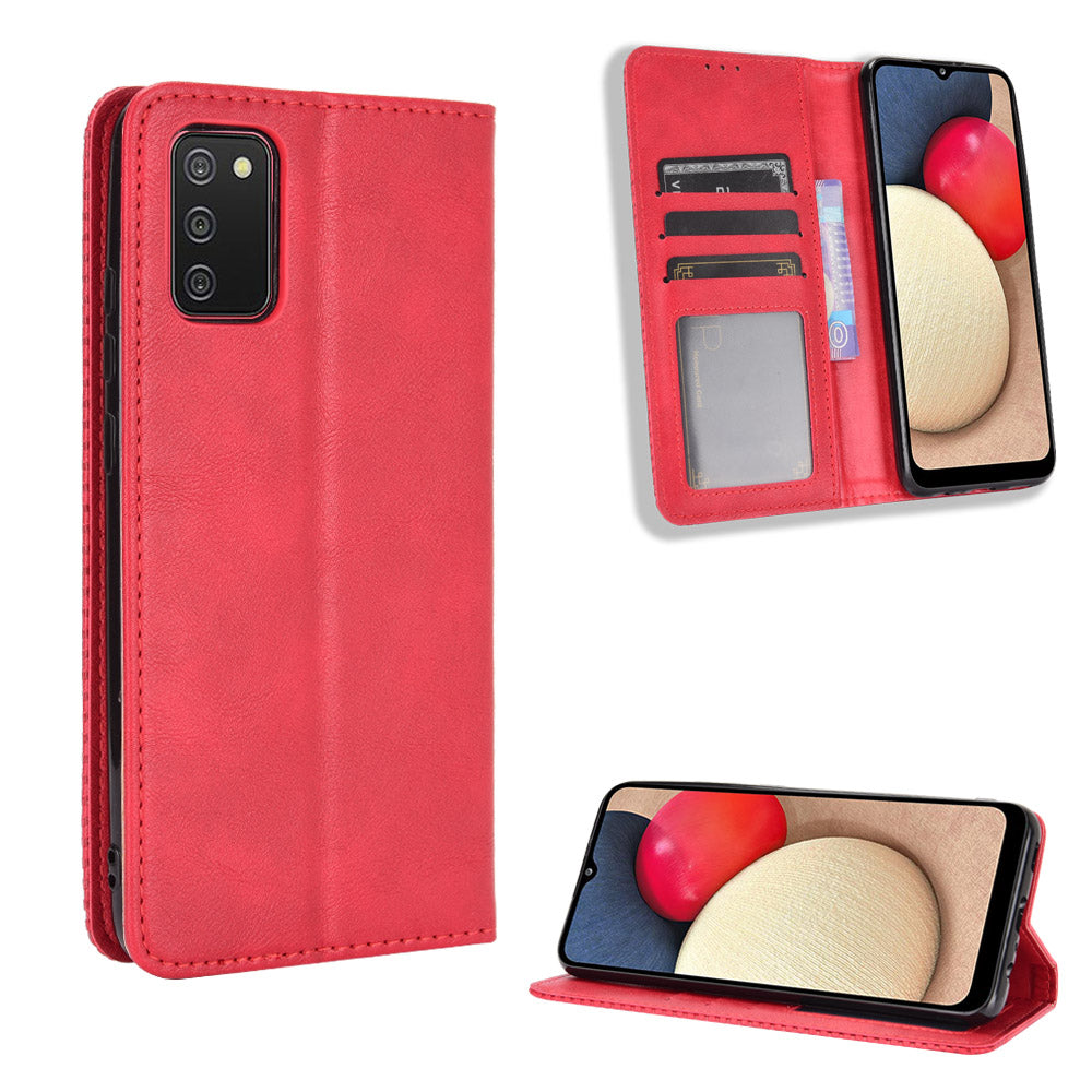 Retro Style Auto-absorbed Phone Shell for Samsung Galaxy A02s (164.2x75.9x9.1mm) Leather Wallet Stand Case