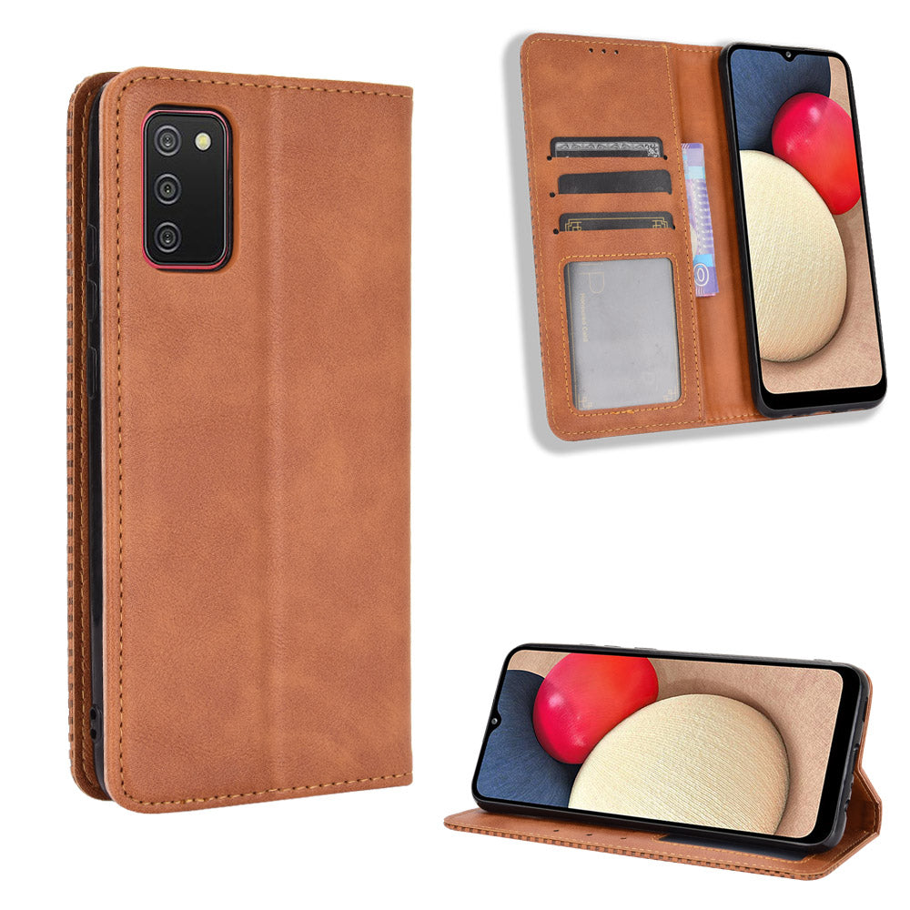 Retro Style Auto-absorbed Phone Shell for Samsung Galaxy A02s (164.2x75.9x9.1mm) Leather Wallet Stand Case