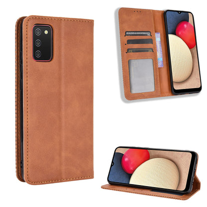 Retro Style Auto-absorbed Phone Shell for Samsung Galaxy A02s (164.2x75.9x9.1mm) Leather Wallet Stand Case