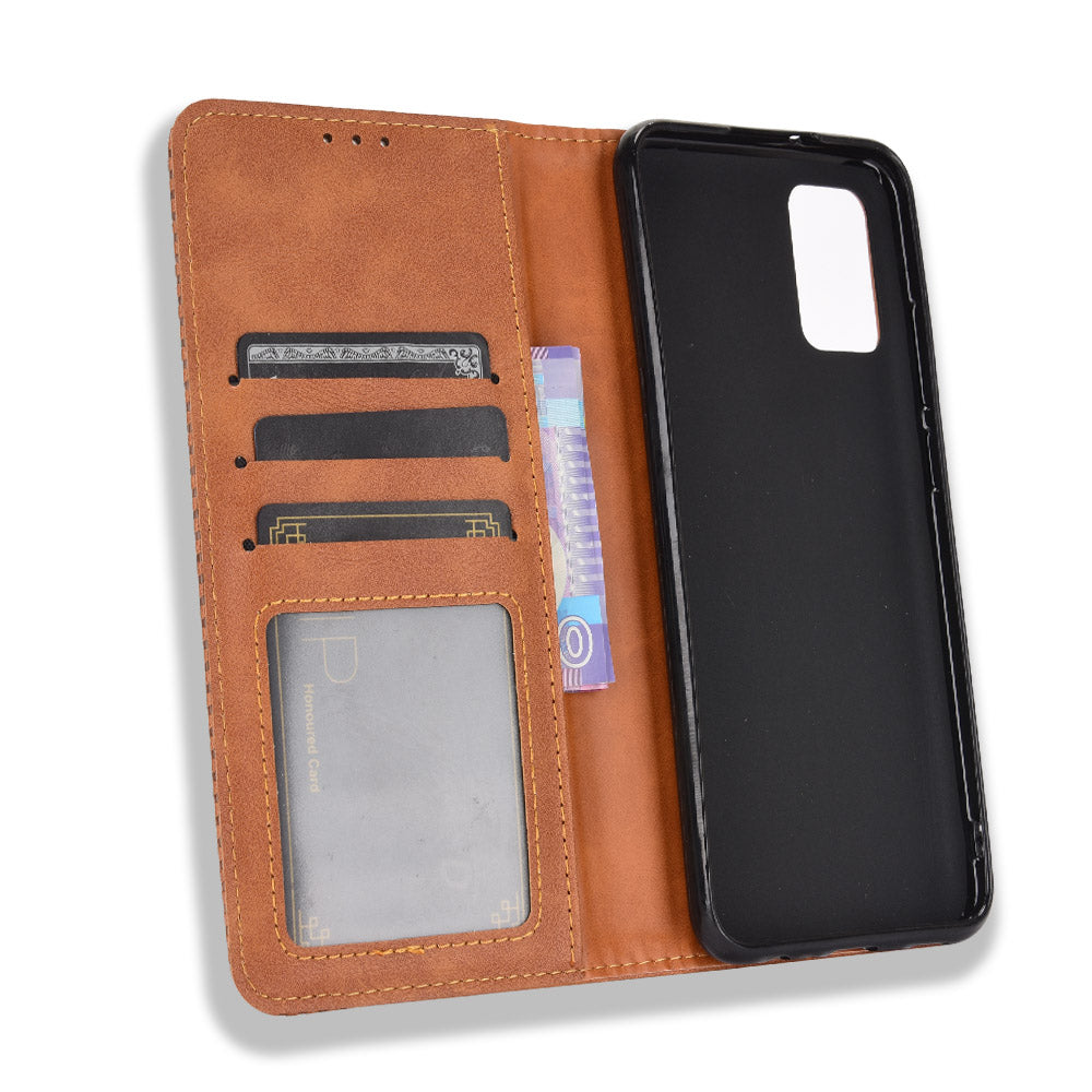 Retro Style Auto-absorbed Phone Shell for Samsung Galaxy A02s (164.2x75.9x9.1mm) Leather Wallet Stand Case