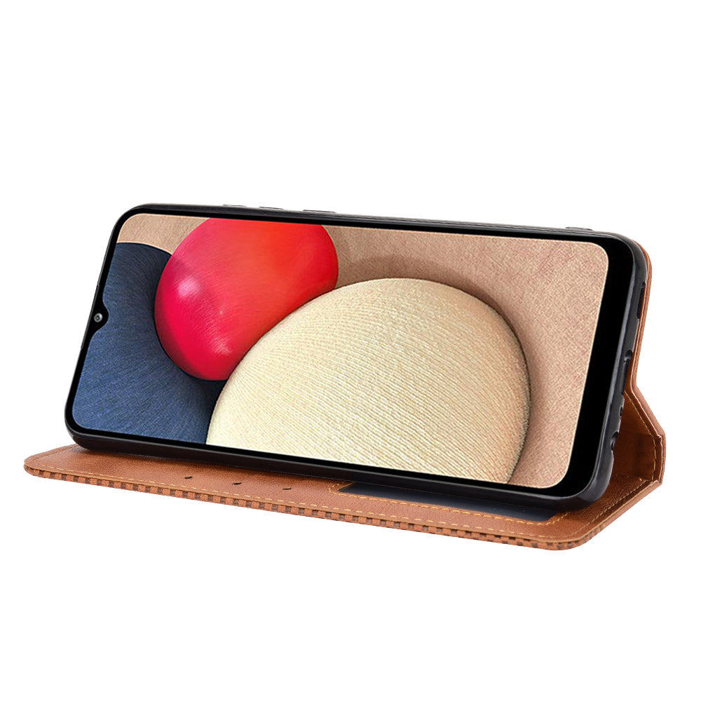 Retro Style Auto-absorbed Phone Shell for Samsung Galaxy A02s (164.2x75.9x9.1mm) Leather Wallet Stand Case