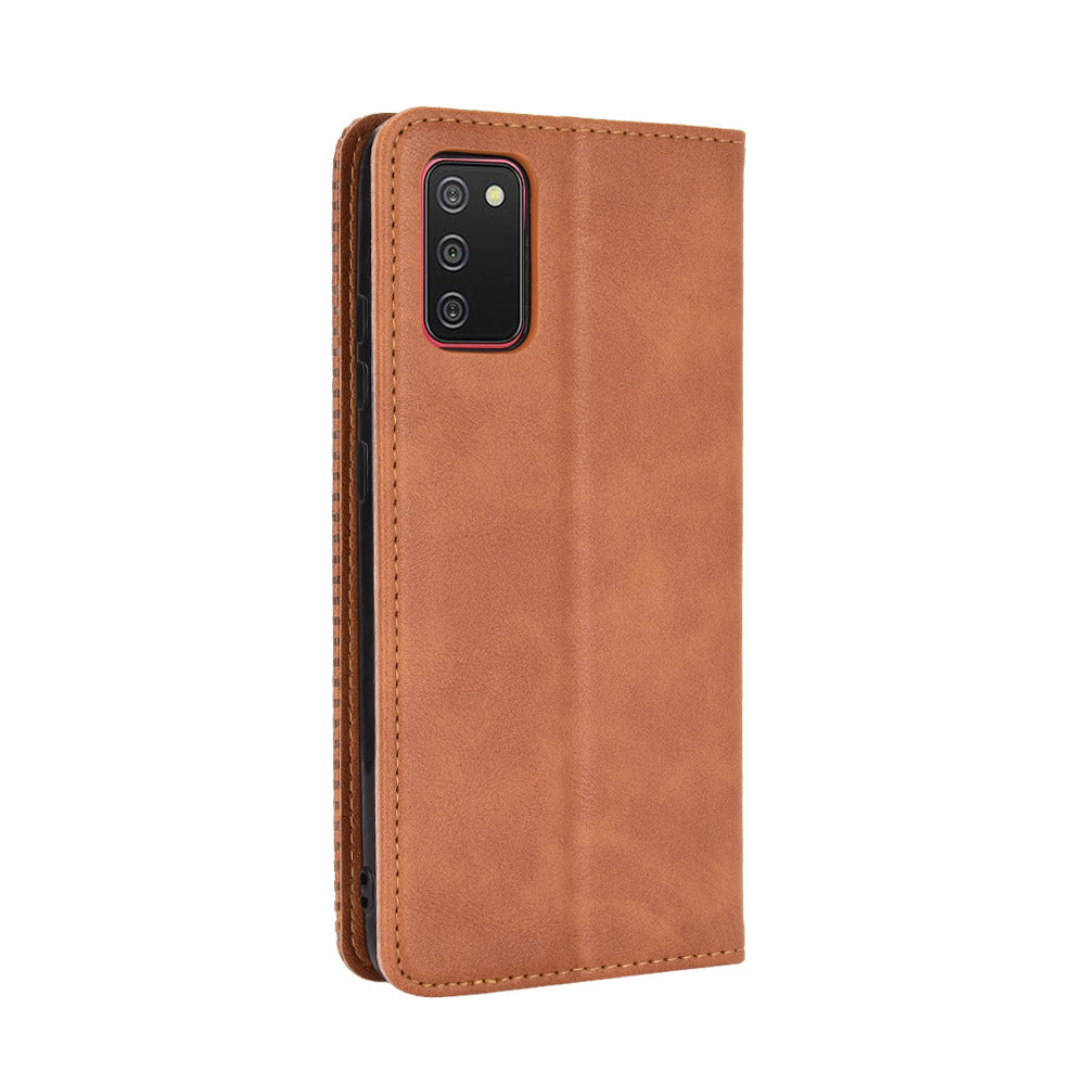 Retro Style Auto-absorbed Phone Shell for Samsung Galaxy A02s (164.2x75.9x9.1mm) Leather Wallet Stand Case
