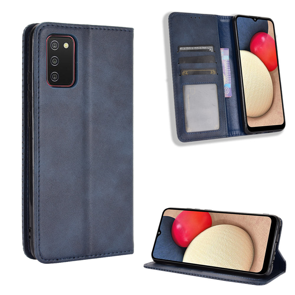 Retro Style Auto-absorbed Phone Shell for Samsung Galaxy A02s (164.2x75.9x9.1mm) Leather Wallet Stand Case