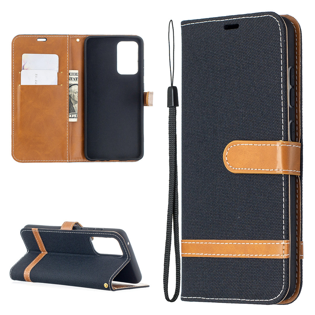 For Samsung Galaxy A52 4G/5G / A52s 5G Color Splicing Jeans Cloth Surface Wallet Leather Phone Cover