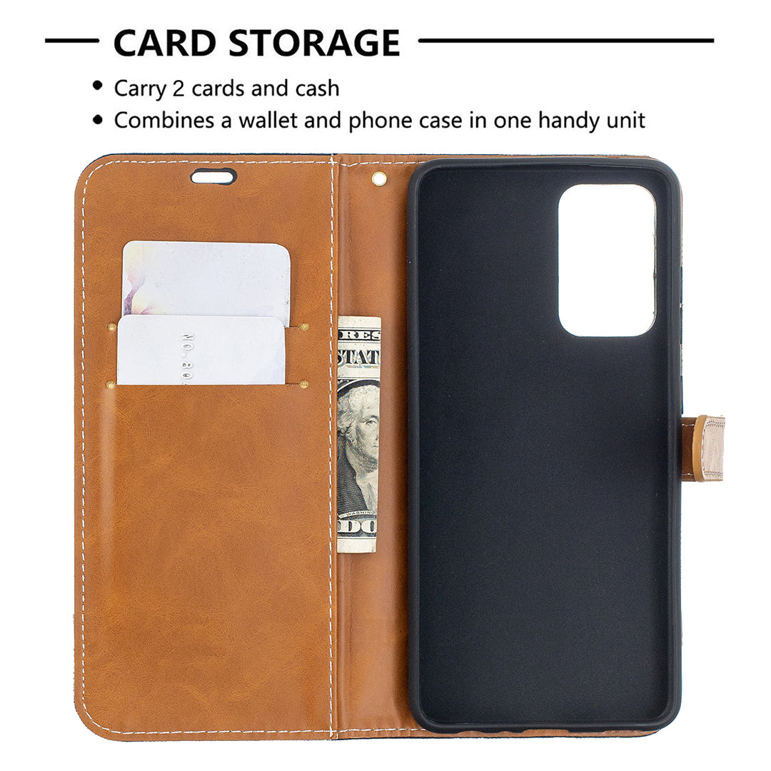 For Samsung Galaxy A52 4G/5G / A52s 5G Color Splicing Jeans Cloth Surface Wallet Leather Phone Cover