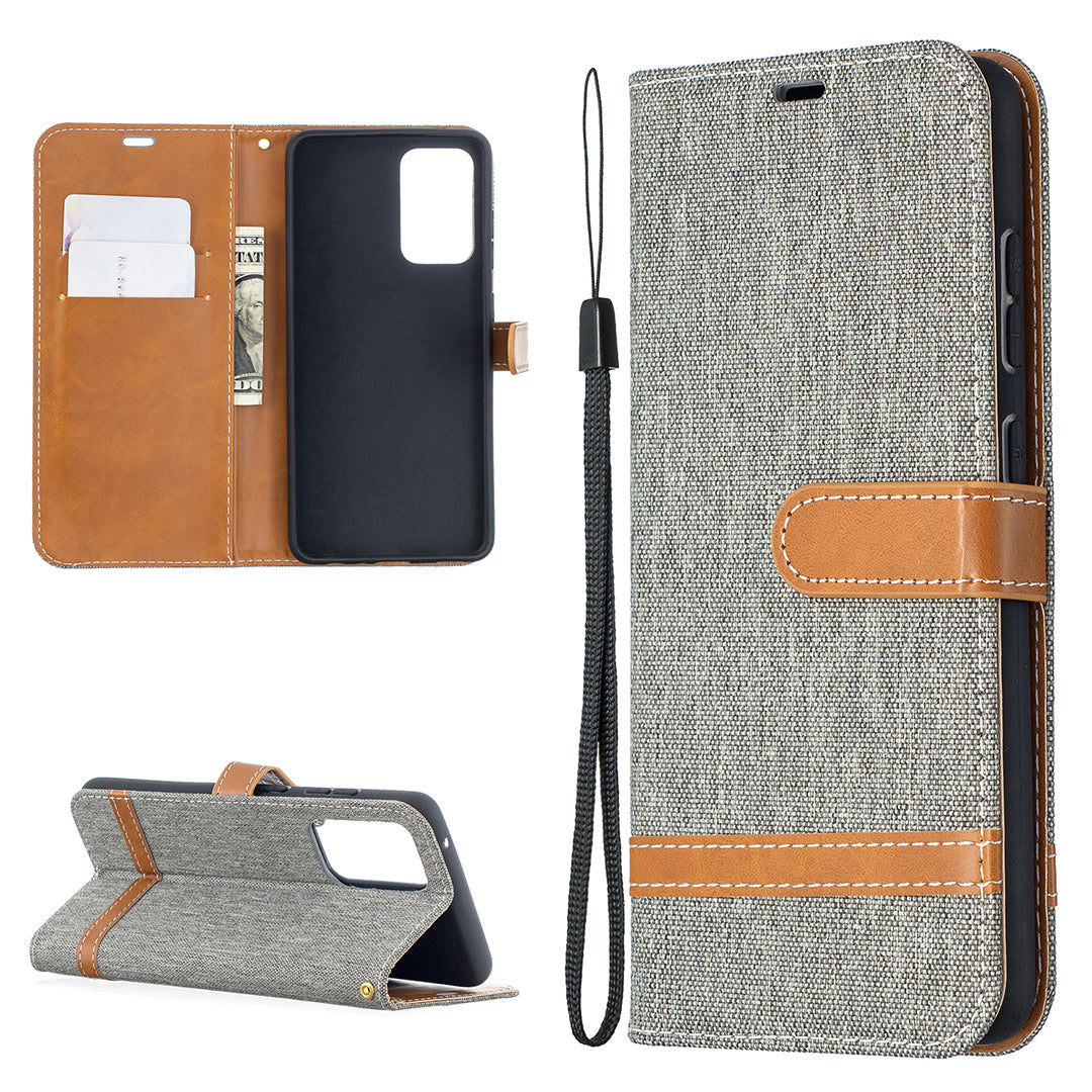 For Samsung Galaxy A52 4G/5G / A52s 5G Color Splicing Jeans Cloth Surface Wallet Leather Phone Cover