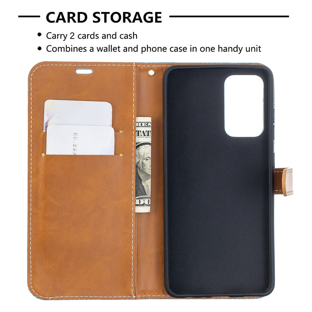 For Samsung Galaxy A52 4G/5G / A52s 5G Color Splicing Jeans Cloth Surface Wallet Leather Phone Cover