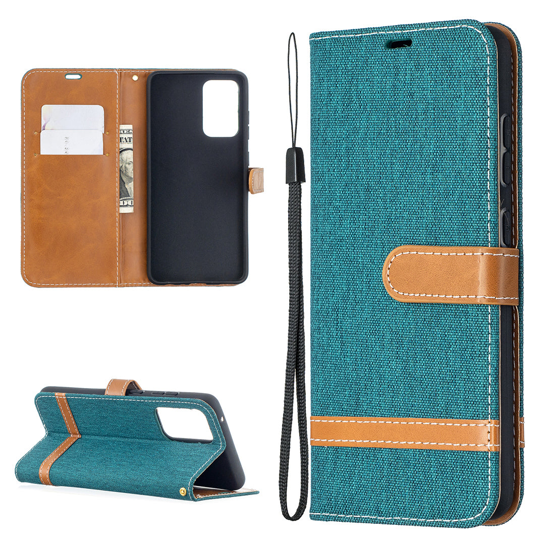 For Samsung Galaxy A52 4G/5G / A52s 5G Color Splicing Jeans Cloth Surface Wallet Leather Phone Cover