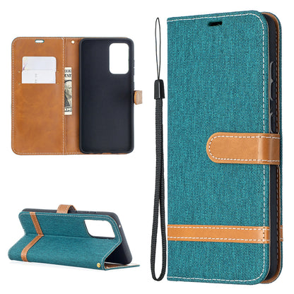 For Samsung Galaxy A52 4G/5G / A52s 5G Color Splicing Jeans Cloth Surface Wallet Leather Phone Cover