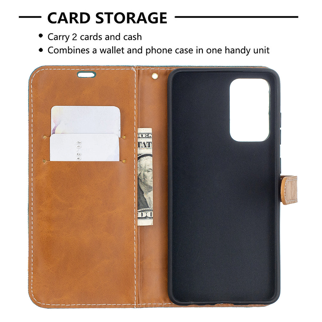 For Samsung Galaxy A52 4G/5G / A52s 5G Color Splicing Jeans Cloth Surface Wallet Leather Phone Cover