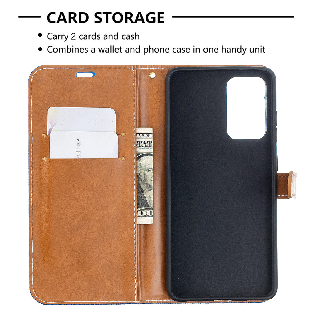 For Samsung Galaxy A52 4G/5G / A52s 5G Color Splicing Jeans Cloth Surface Wallet Leather Phone Cover