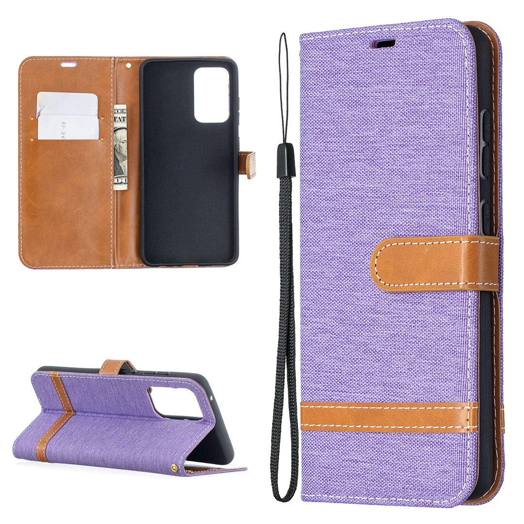 For Samsung Galaxy A52 4G/5G / A52s 5G Color Splicing Jeans Cloth Surface Wallet Leather Phone Cover