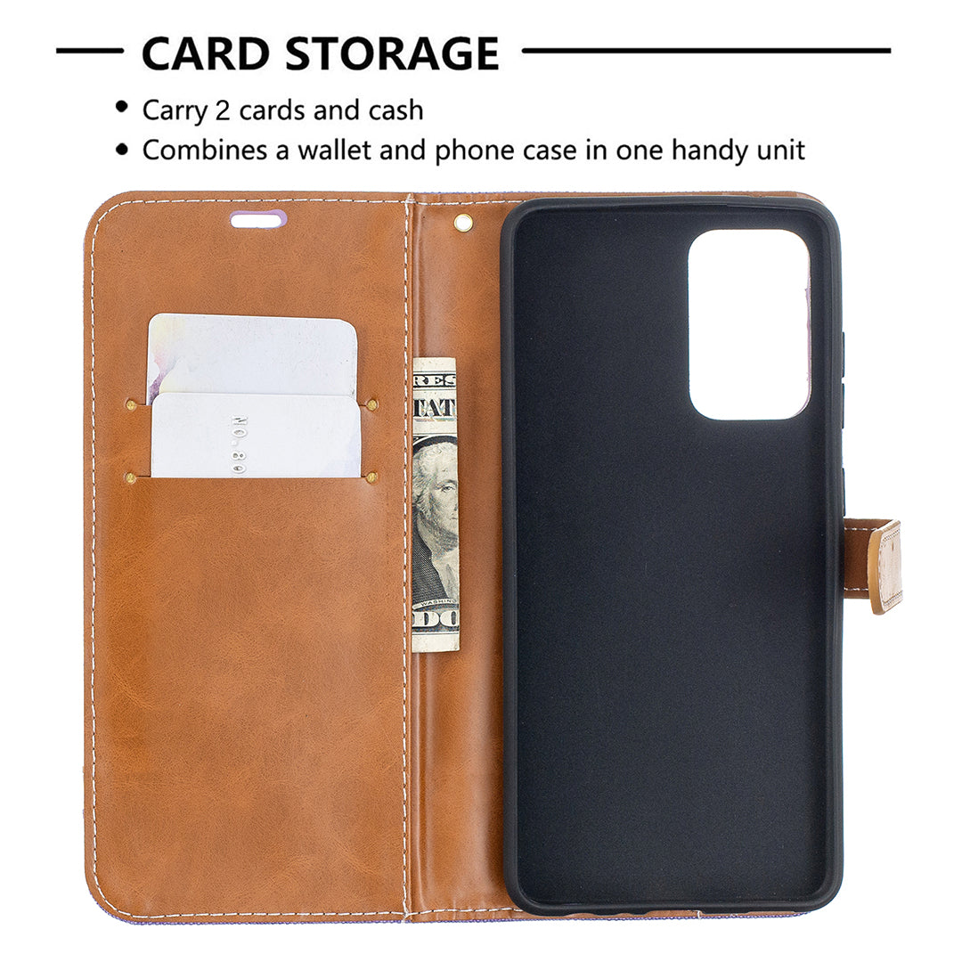 For Samsung Galaxy A52 4G/5G / A52s 5G Color Splicing Jeans Cloth Surface Wallet Leather Phone Cover
