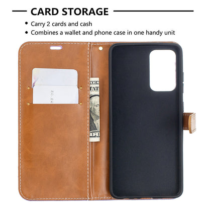For Samsung Galaxy A52 4G/5G / A52s 5G Color Splicing Jeans Cloth Surface Wallet Leather Phone Cover