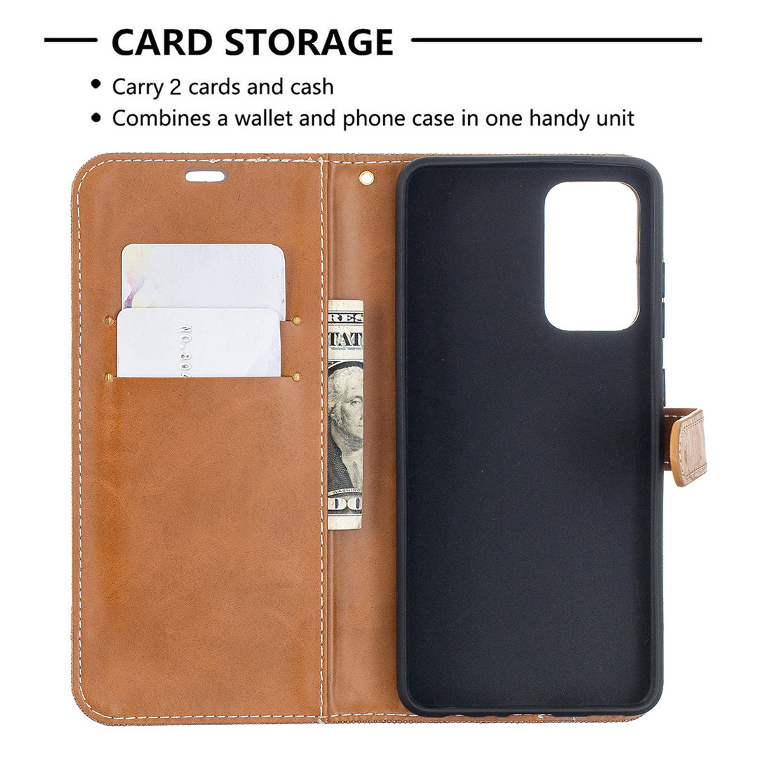 For Samsung Galaxy A52 4G/5G / A52s 5G Color Splicing Jeans Cloth Surface Wallet Leather Phone Cover