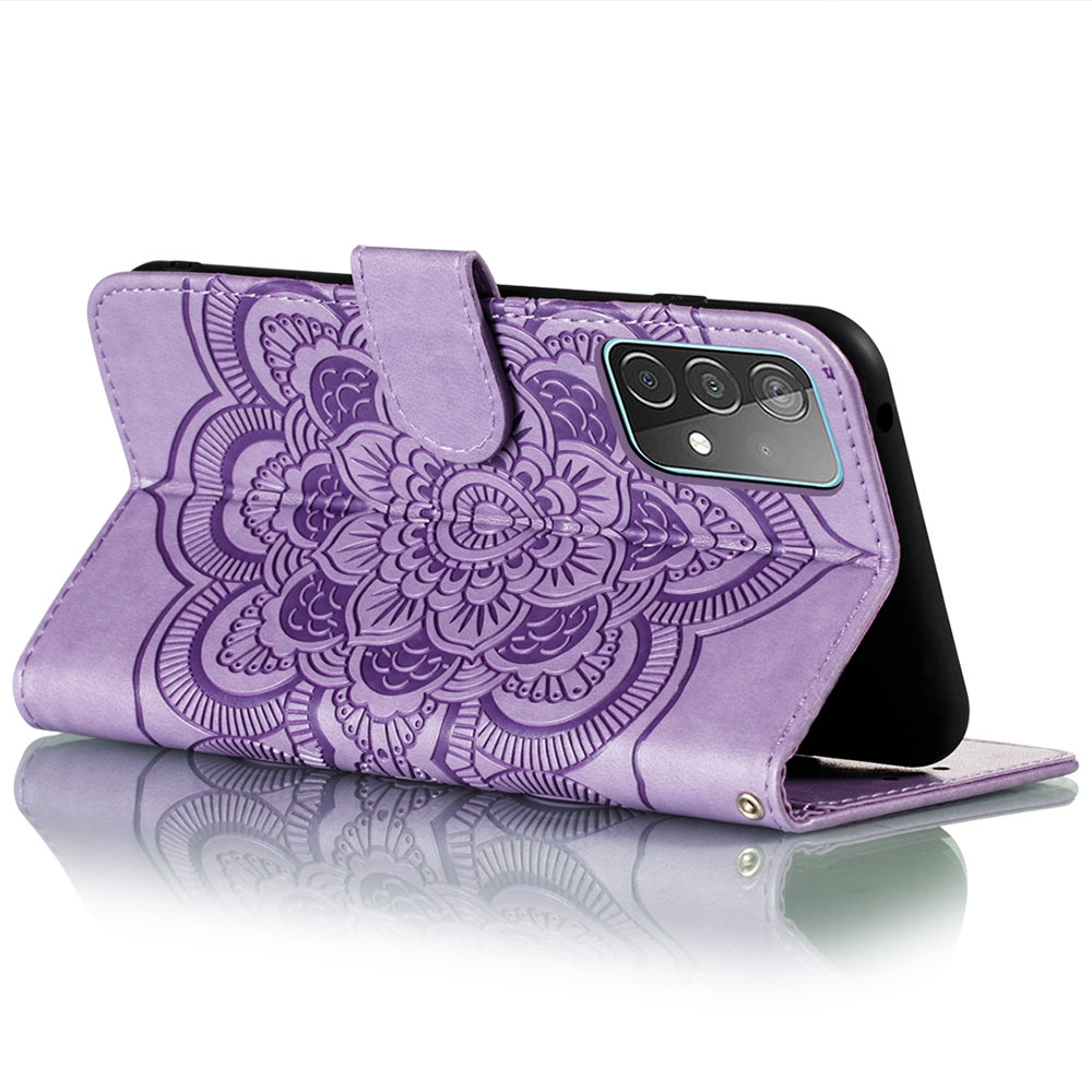 Imprint Mandala Flower Wallet Leather Cover for Samsung Galaxy A52 4G/5G / A52s 5G Protective Stand Shell
