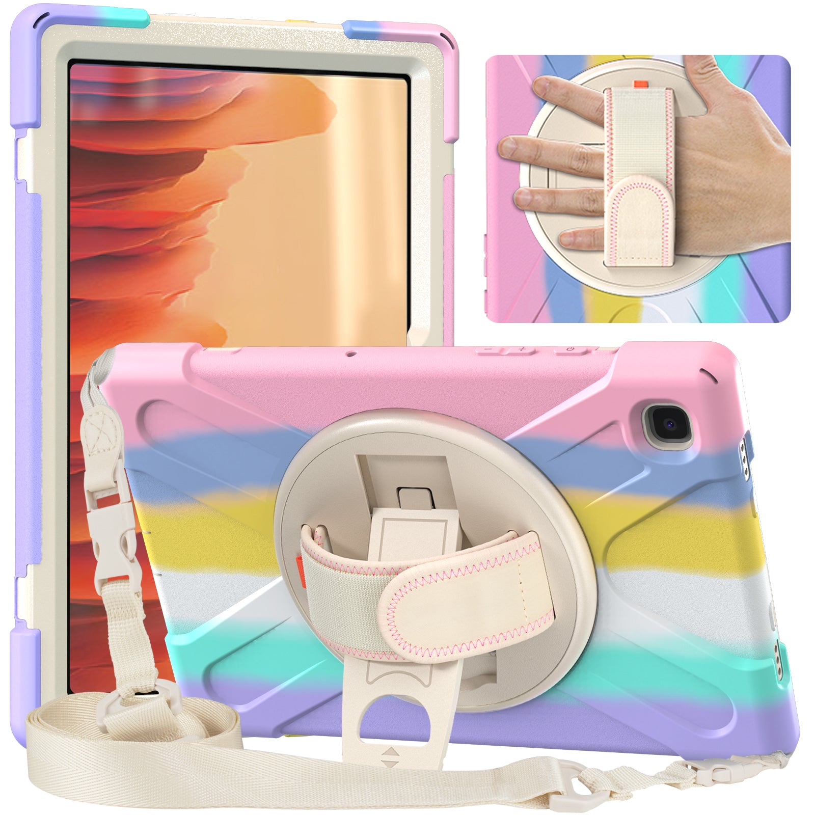 Tablet Cover + Strap + Revolving Kickstand Design with Colorful Rainbow Pattern Design for Samsung Galaxy Tab A7 10.4 (2020) T500/T505/T507/T505N