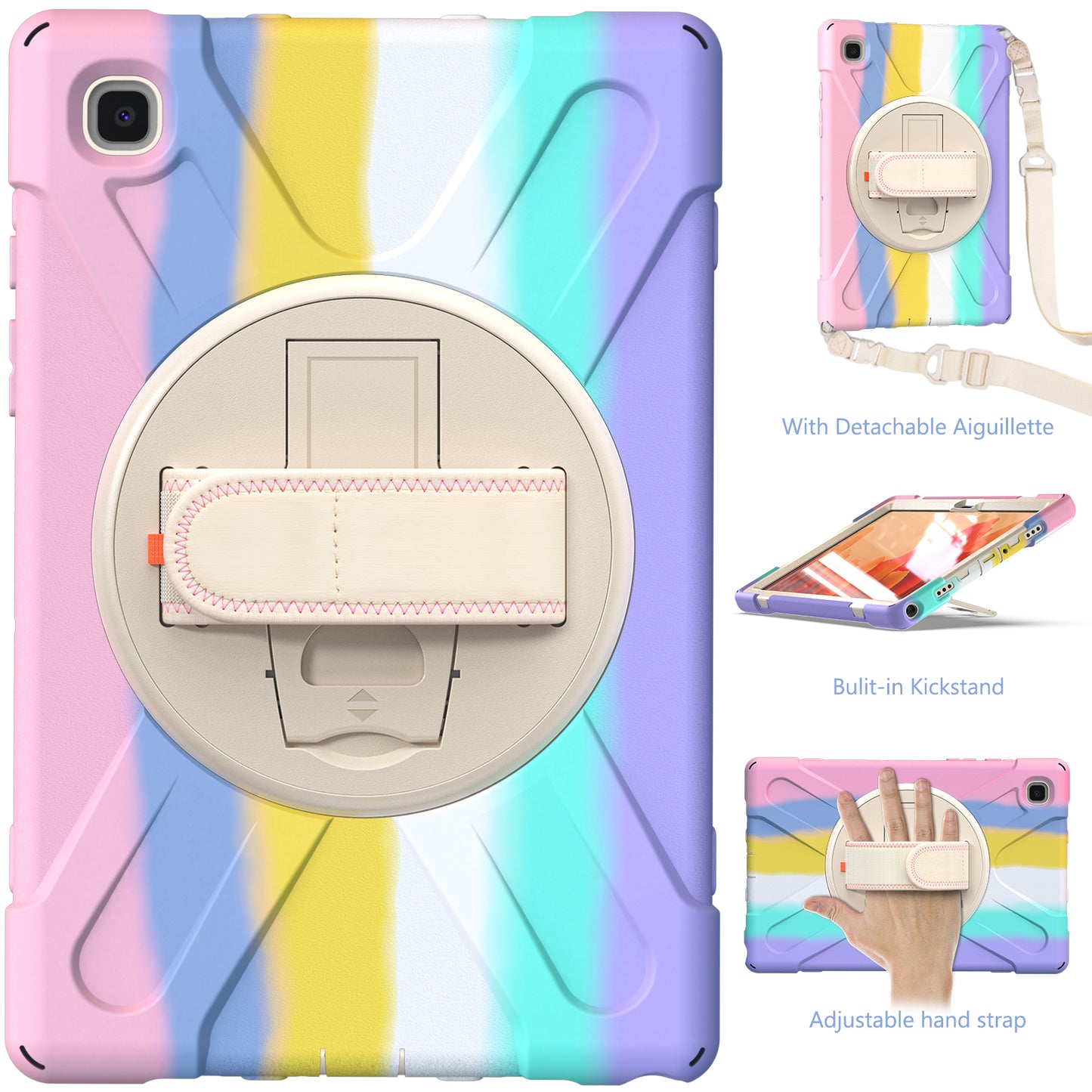 Tablet Cover + Strap + Revolving Kickstand Design with Colorful Rainbow Pattern Design for Samsung Galaxy Tab A7 10.4 (2020) T500/T505/T507/T505N
