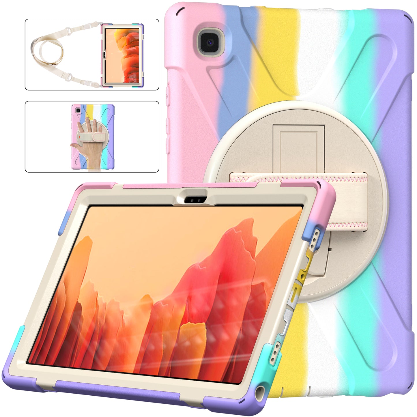 Tablet Cover + Strap + Revolving Kickstand Design with Colorful Rainbow Pattern Design for Samsung Galaxy Tab A7 10.4 (2020) T500/T505/T507/T505N