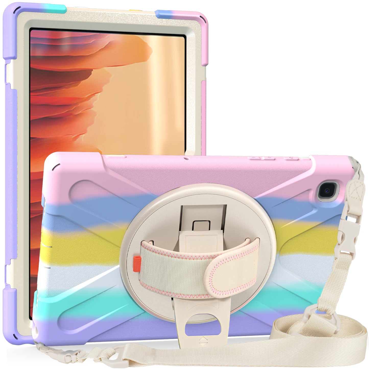 Tablet Cover + Strap + Revolving Kickstand Design with Colorful Rainbow Pattern Design for Samsung Galaxy Tab A7 10.4 (2020) T500/T505/T507/T505N