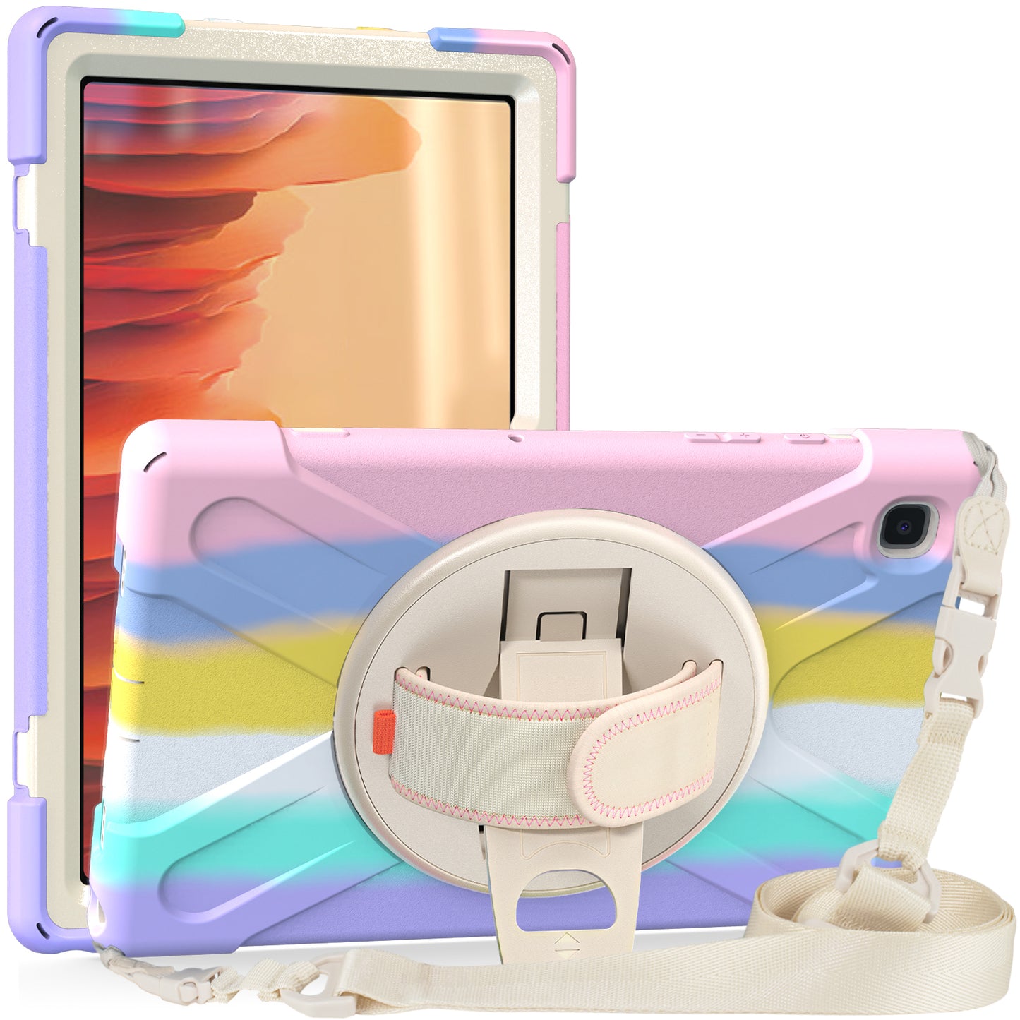 Tablet Cover + Strap + Revolving Kickstand Design with Colorful Rainbow Pattern Design for Samsung Galaxy Tab A7 10.4 (2020) T500/T505/T507/T505N