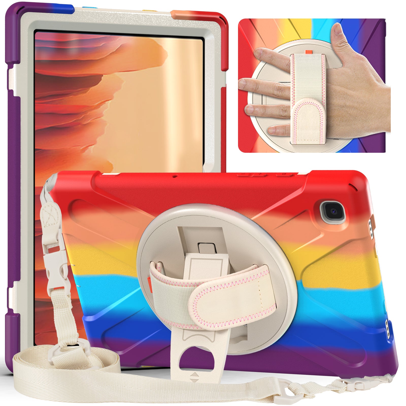 Tablet Cover + Strap + Revolving Kickstand Design with Colorful Rainbow Pattern Design for Samsung Galaxy Tab A7 10.4 (2020) T500/T505/T507/T505N
