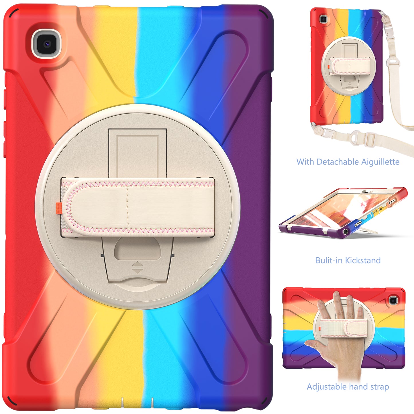 Tablet Cover + Strap + Revolving Kickstand Design with Colorful Rainbow Pattern Design for Samsung Galaxy Tab A7 10.4 (2020) T500/T505/T507/T505N