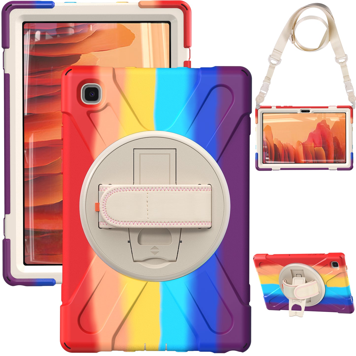Tablet Cover + Strap + Revolving Kickstand Design with Colorful Rainbow Pattern Design for Samsung Galaxy Tab A7 10.4 (2020) T500/T505/T507/T505N