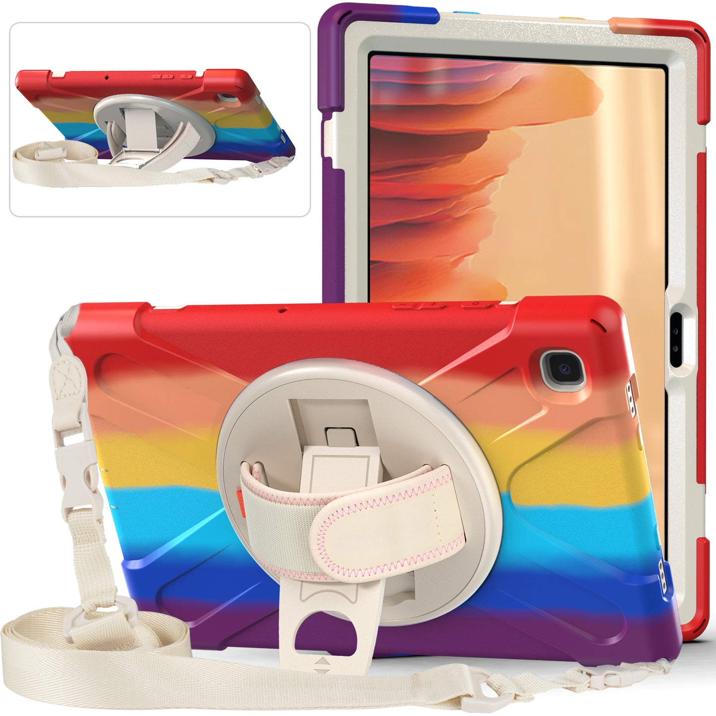 Tablet Cover + Strap + Revolving Kickstand Design with Colorful Rainbow Pattern Design for Samsung Galaxy Tab A7 10.4 (2020) T500/T505/T507/T505N
