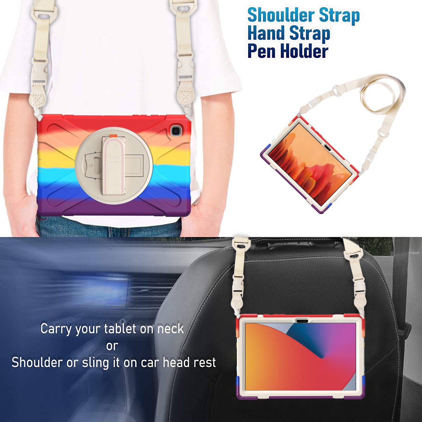 Tablet Cover + Strap + Revolving Kickstand Design with Colorful Rainbow Pattern Design for Samsung Galaxy Tab A7 10.4 (2020) T500/T505/T507/T505N