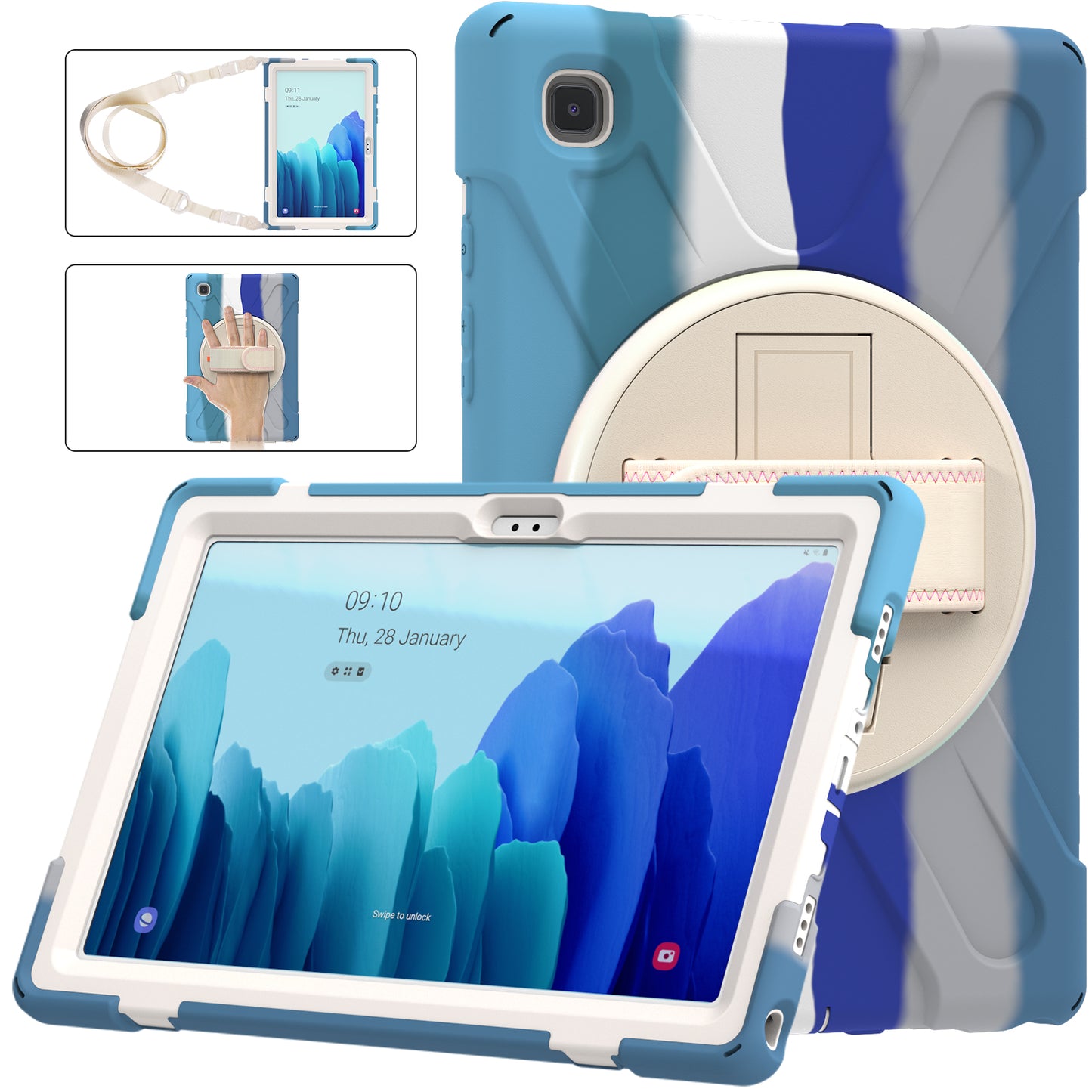 Tablet Cover + Strap + Revolving Kickstand Design with Colorful Rainbow Pattern Design for Samsung Galaxy Tab A7 10.4 (2020) T500/T505/T507/T505N