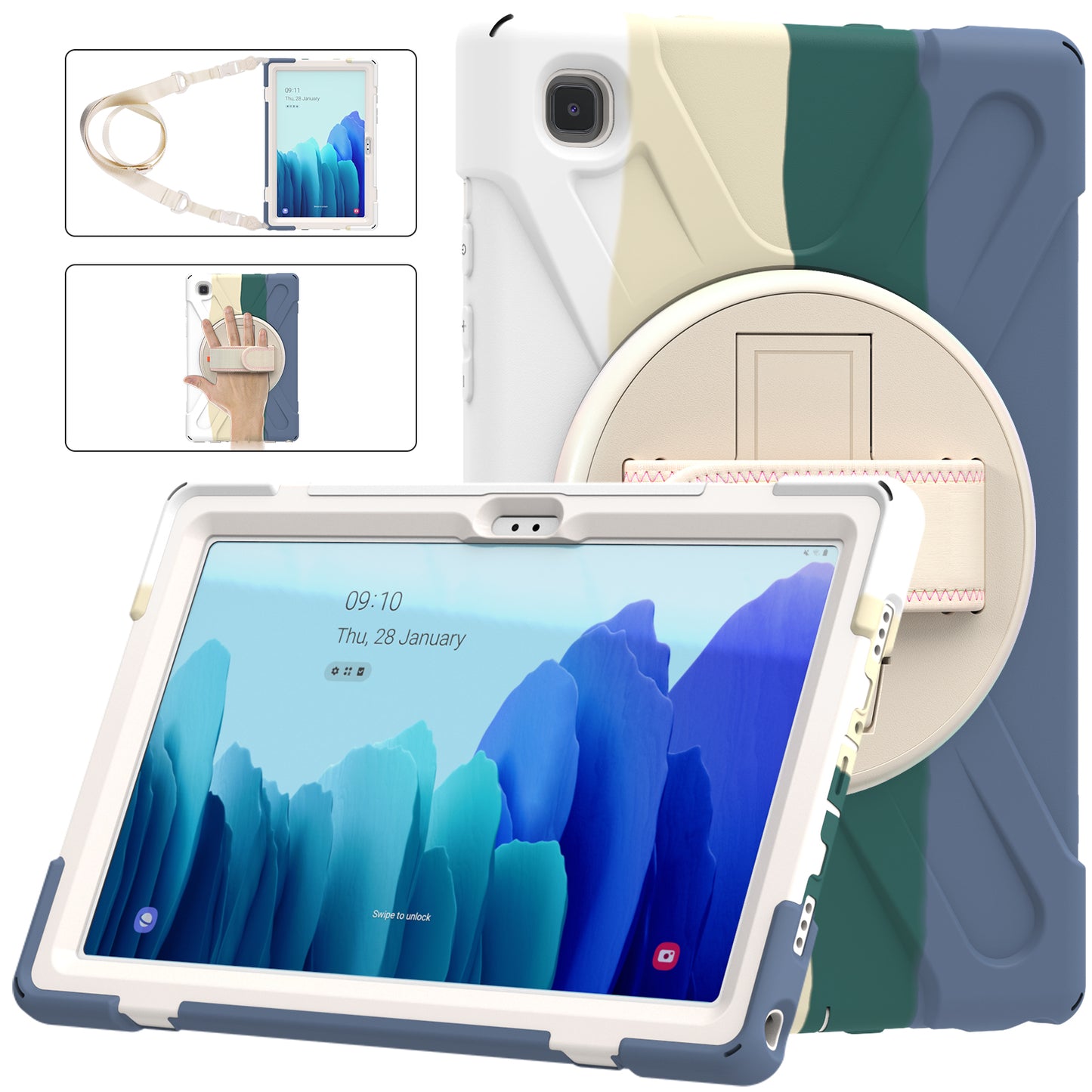 Tablet Cover + Strap + Revolving Kickstand Design with Colorful Rainbow Pattern Design for Samsung Galaxy Tab A7 10.4 (2020) T500/T505/T507/T505N