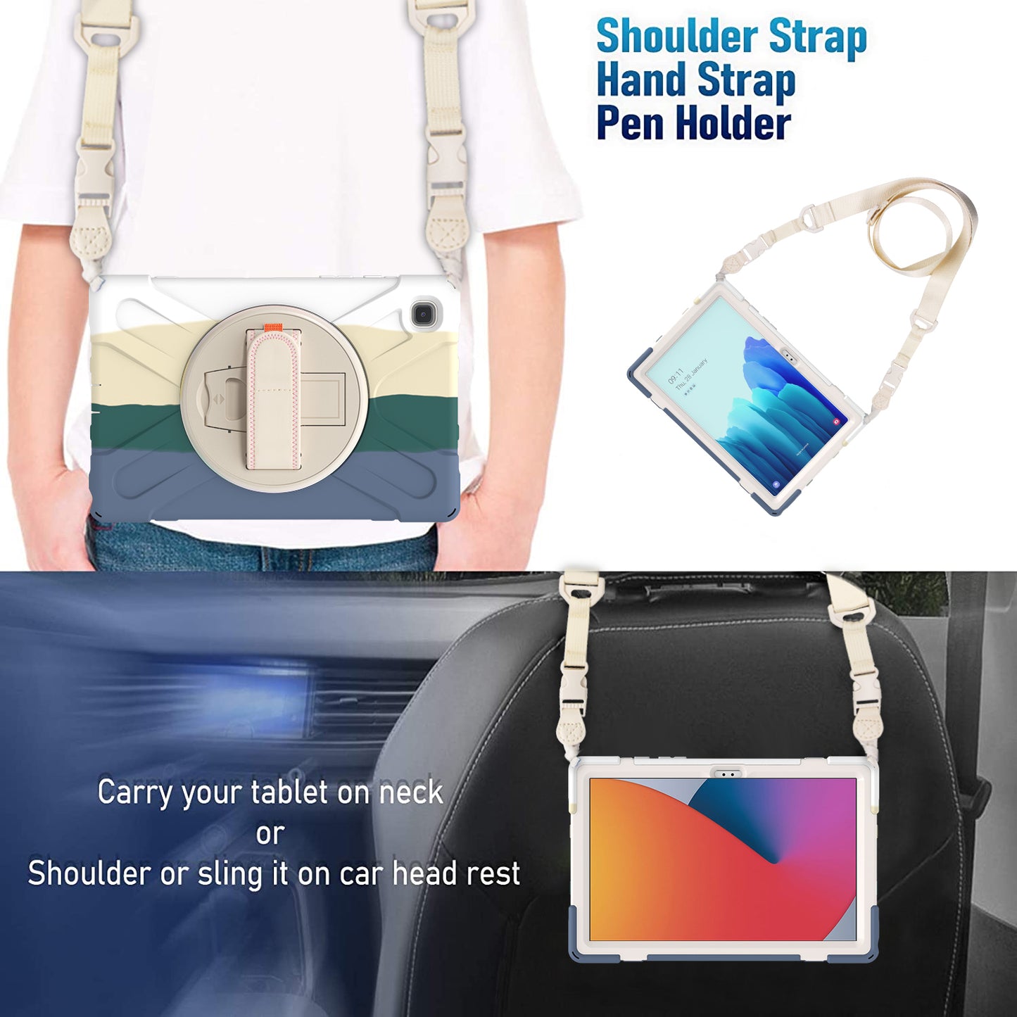 Tablet Cover + Strap + Revolving Kickstand Design with Colorful Rainbow Pattern Design for Samsung Galaxy Tab A7 10.4 (2020) T500/T505/T507/T505N