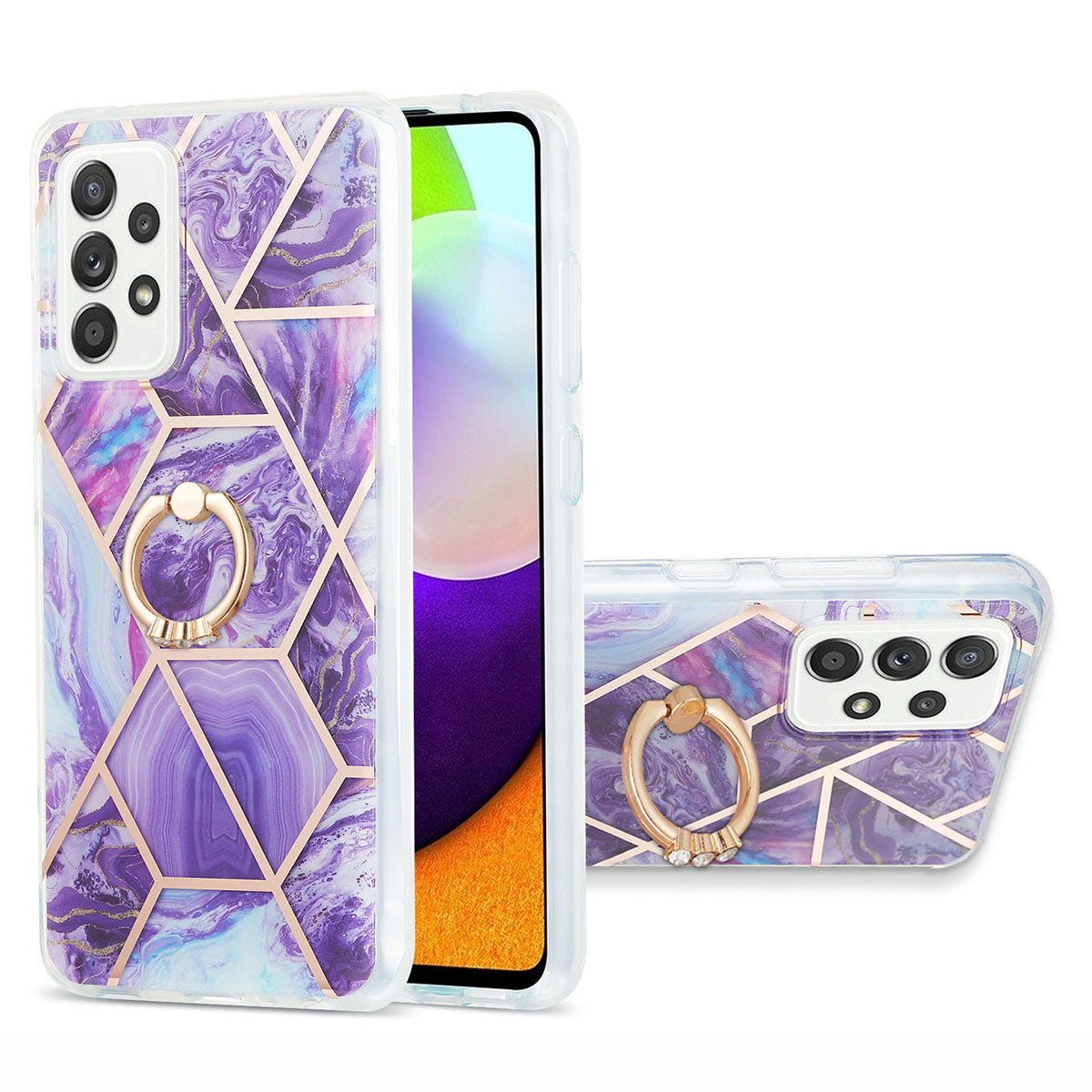 Marble Pattern 2.0mm IMD IML Electroplating TPU Phone Case with Finger Ring Kickstand for Samsung Galaxy A52 4G/5G / A52s 5G