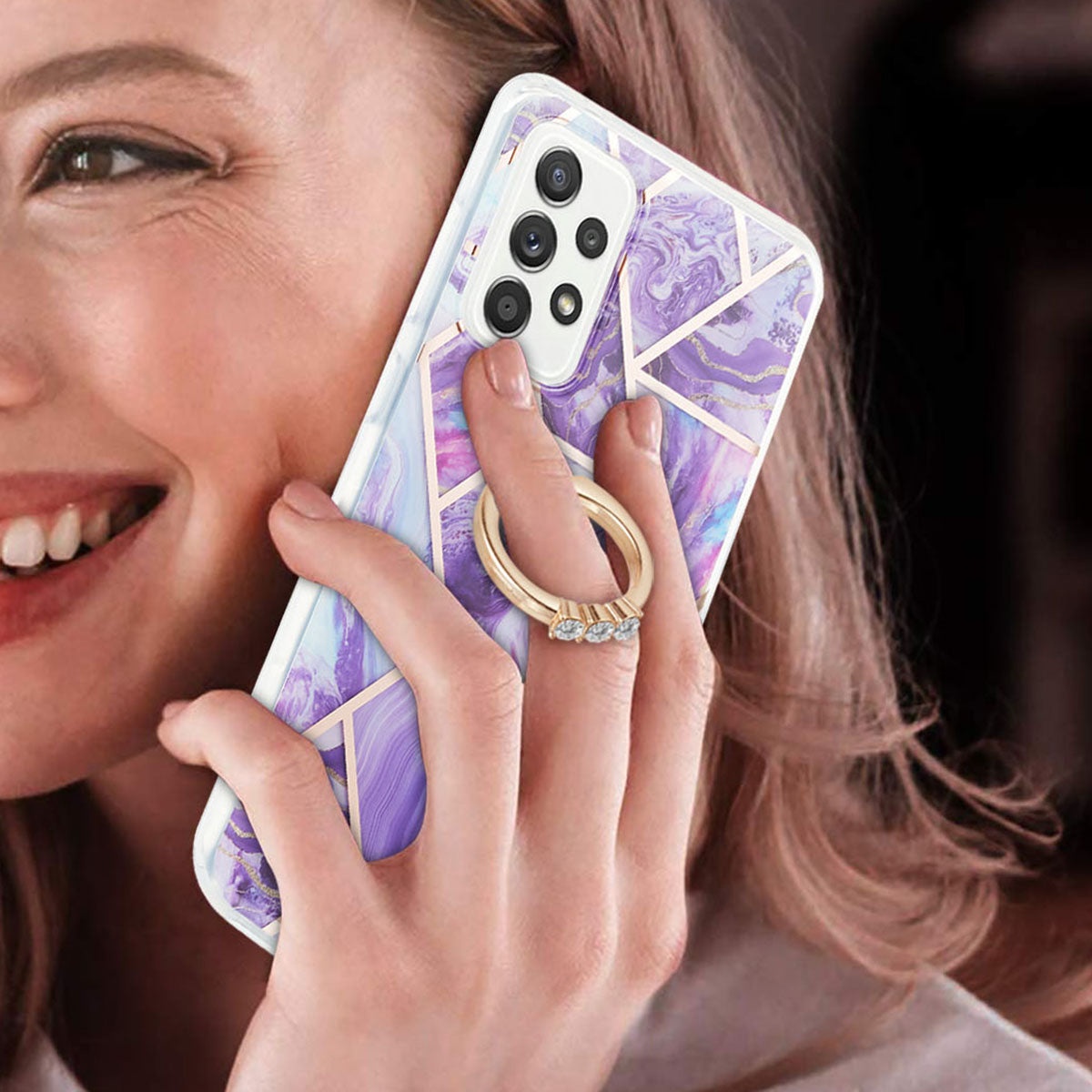 Marble Pattern 2.0mm IMD IML Electroplating TPU Phone Case with Finger Ring Kickstand for Samsung Galaxy A52 4G/5G / A52s 5G