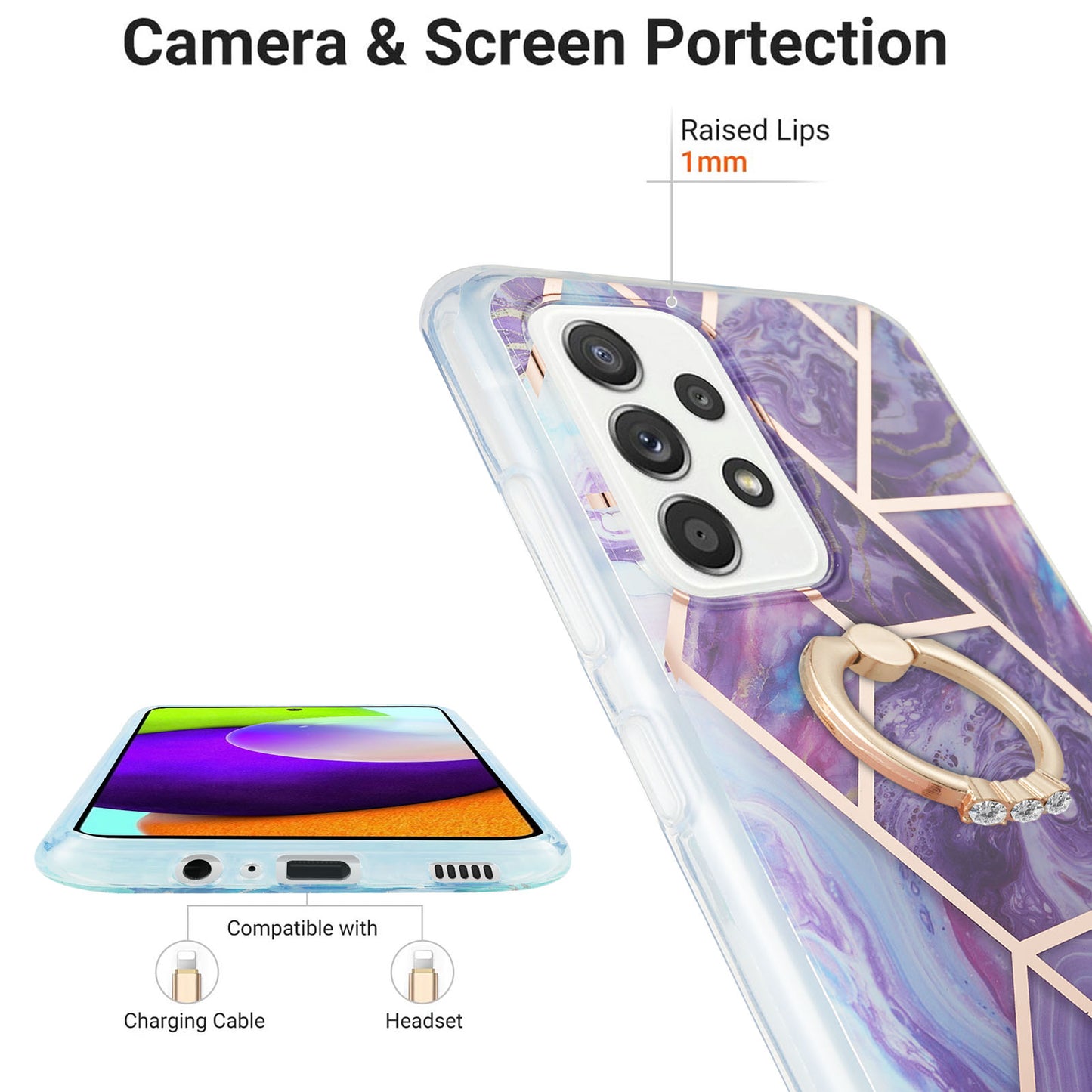 Marble Pattern 2.0mm IMD IML Electroplating TPU Phone Case with Finger Ring Kickstand for Samsung Galaxy A52 4G/5G / A52s 5G