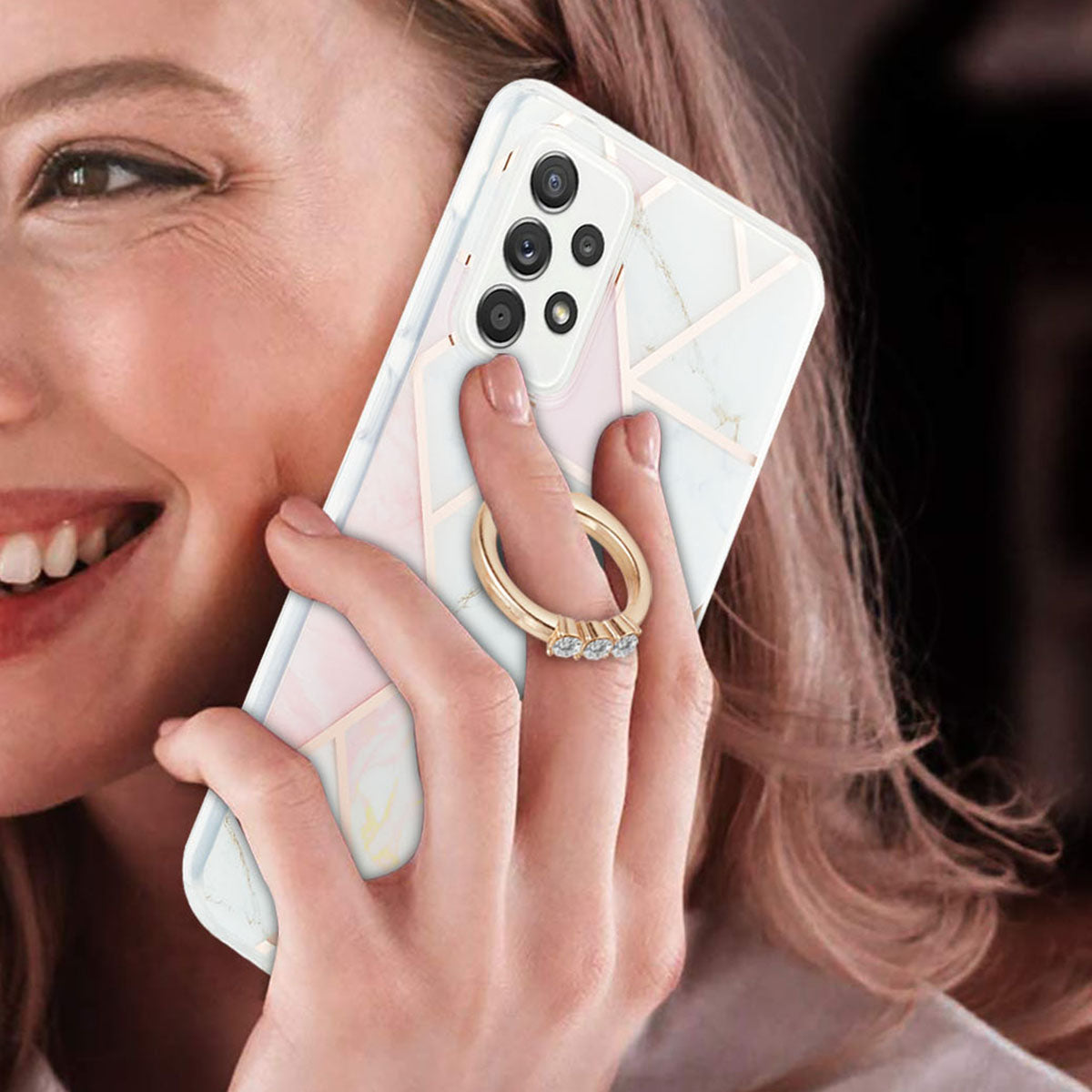Marble Pattern 2.0mm IMD IML Electroplating TPU Phone Case with Finger Ring Kickstand for Samsung Galaxy A52 4G/5G / A52s 5G
