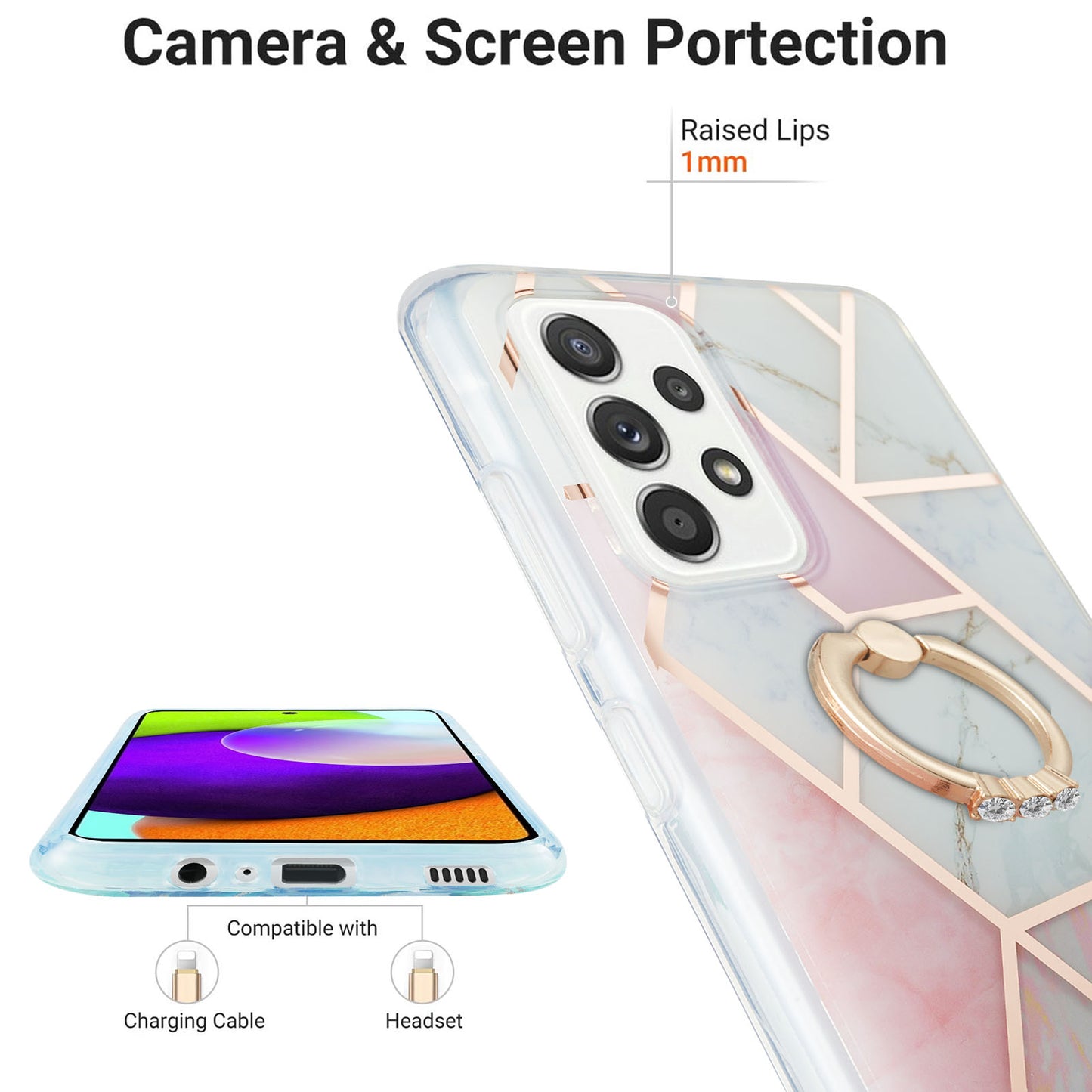 Marble Pattern 2.0mm IMD IML Electroplating TPU Phone Case with Finger Ring Kickstand for Samsung Galaxy A52 4G/5G / A52s 5G