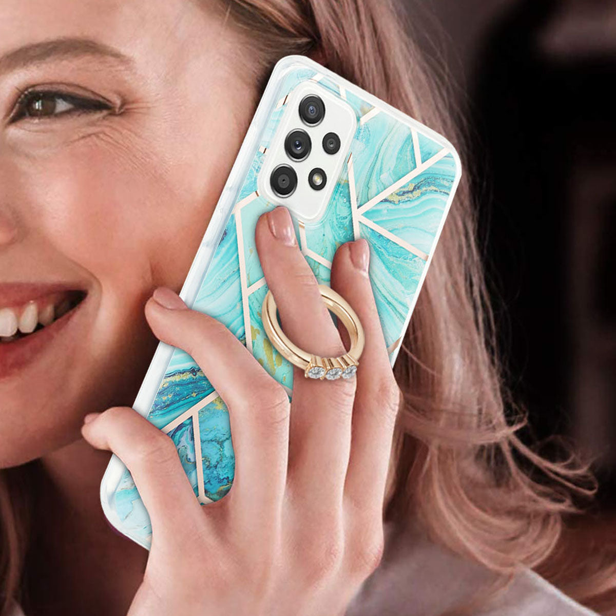 Marble Pattern 2.0mm IMD IML Electroplating TPU Phone Case with Finger Ring Kickstand for Samsung Galaxy A52 4G/5G / A52s 5G