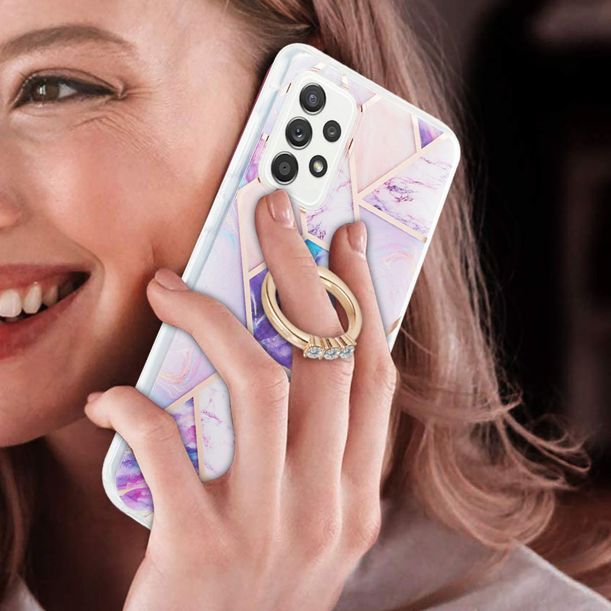Marble Pattern 2.0mm IMD IML Electroplating TPU Phone Case with Finger Ring Kickstand for Samsung Galaxy A52 4G/5G / A52s 5G