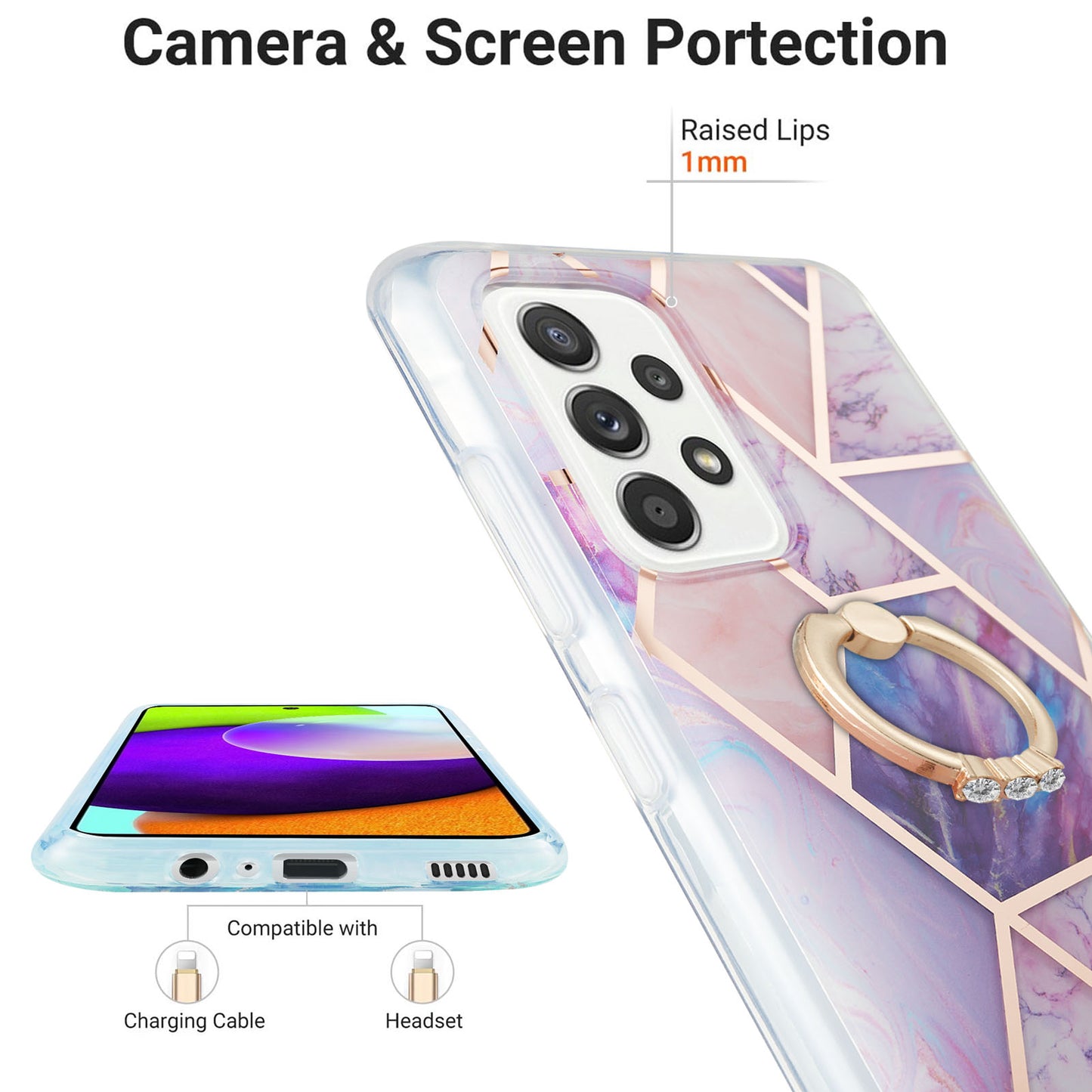 Marble Pattern 2.0mm IMD IML Electroplating TPU Phone Case with Finger Ring Kickstand for Samsung Galaxy A52 4G/5G / A52s 5G