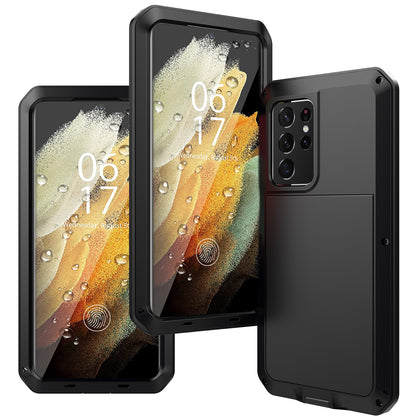 Tank Series Shockproof TPU+Metal Phone Case with Tempered Glass Film for Samsung Galaxy S21 Ultra 5G